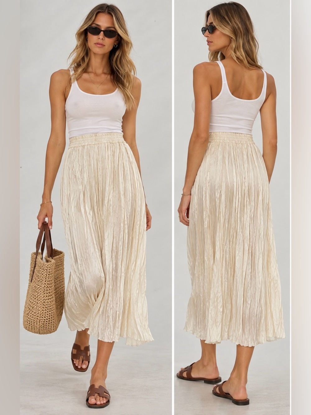 Christina Silk Crinkle Maxi Skirt XL Elastic Waist Pleated Boho